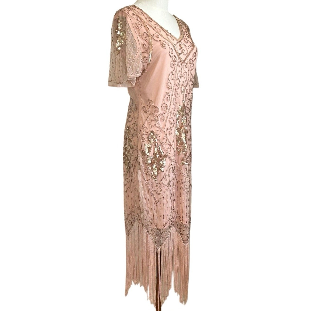 Pink Beaded Sequin Flapper Dress PS Fringe 1920s Style Art Deco Costume Party