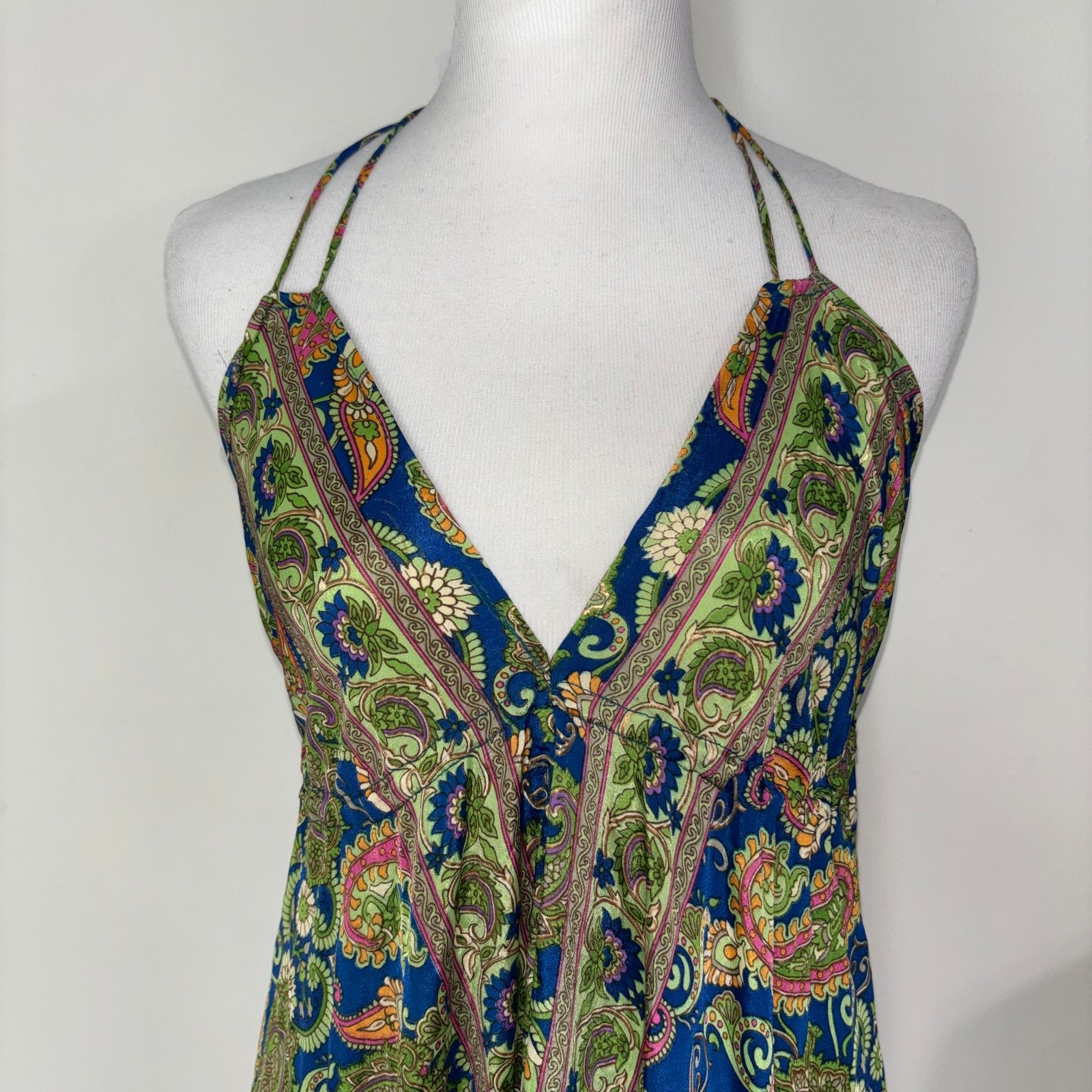 Swarna Greece ONE SIZE Paisley Print Maxi Dress Open Back Halter Plunge