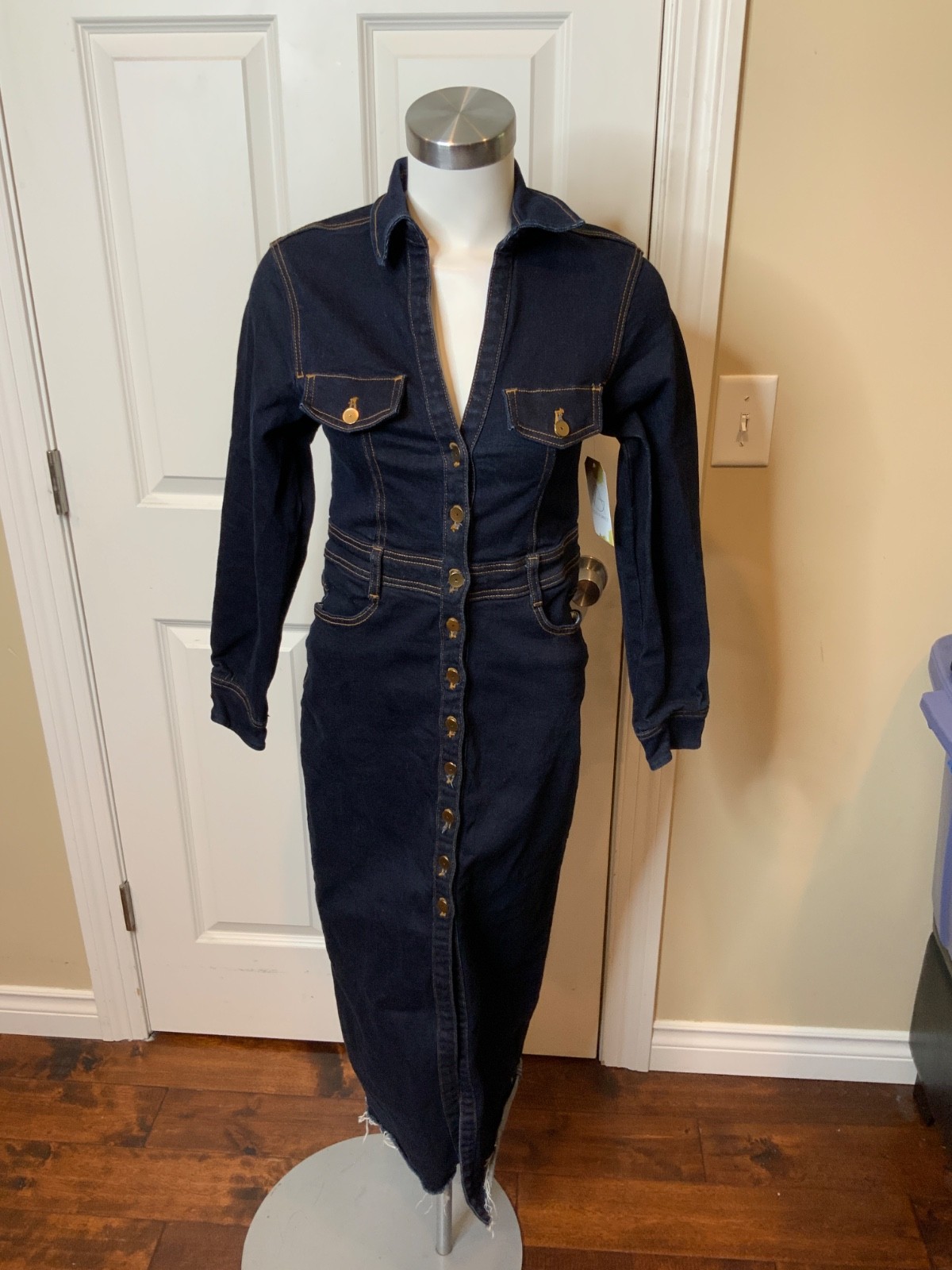 Zara Blue Dark Wash Denim Button-Up Dress, Size S