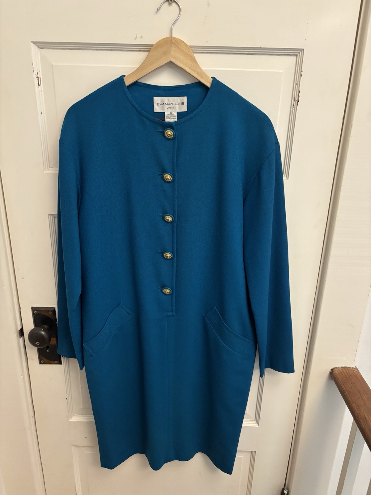 Evan Picone Vintage Blue 100% Wool LS Dress Gold Lion Buttons Pockets Size 10