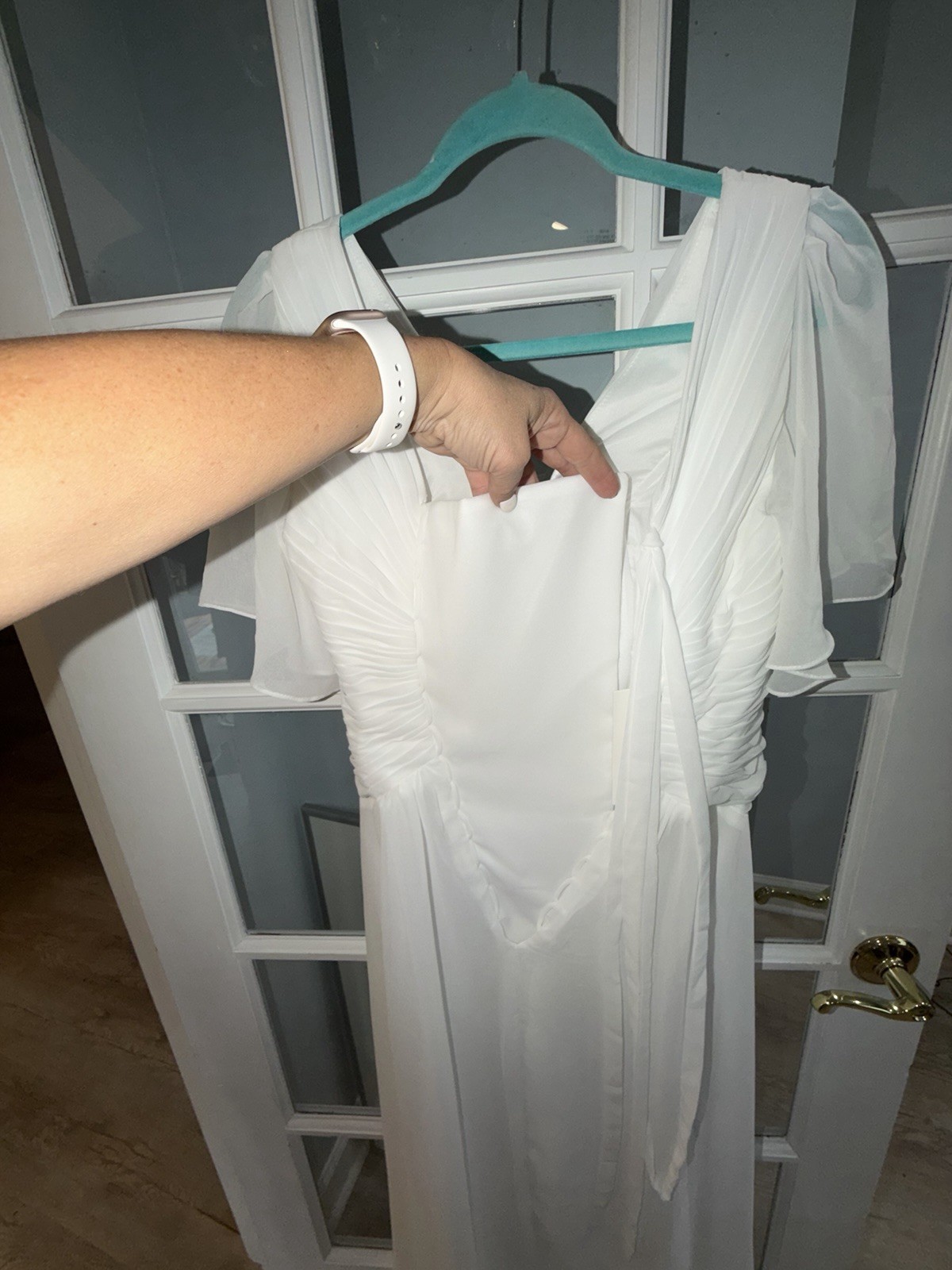 Wedding V Neck Flutter Sleeve Lace Up Back Bridal White Ruched Dress SZ 4 New