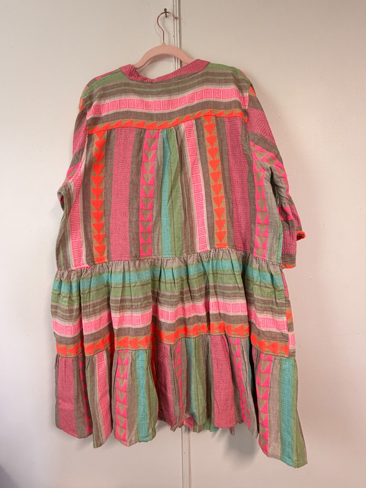 Grace Karma Womens Striped Tiered Boho Dress XL NWT Embroidered Neon Pink Fest