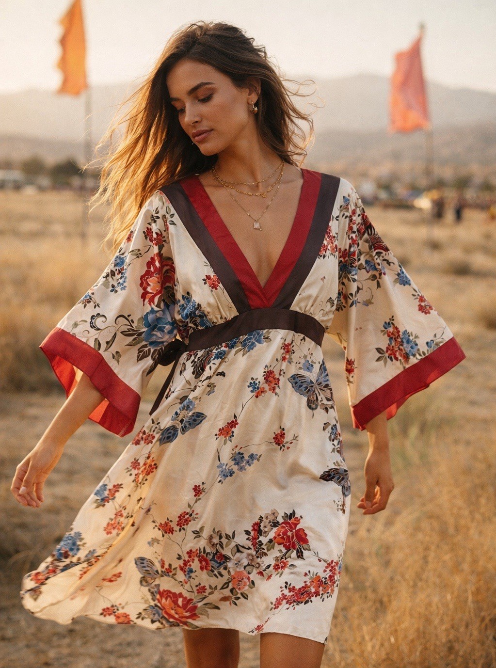 Vintage La Belle Floral Butterfly Dress Babydoll Kimono Boho USA Silky Y2K 90s