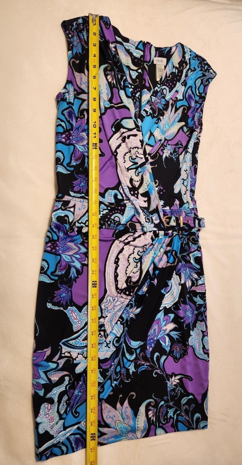 Cach’e Dress Sz-2 Blue Purple Paisley Floral w/Gold Accents Sexy Wrap Hip Buckle