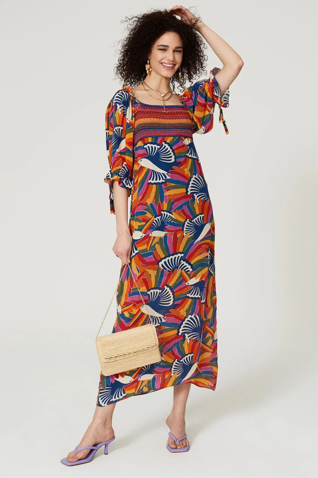 FARM RIO Rainbow Toucan Bird Print Smocked Maxi Dress M (DEFECTS-READ-SEE PHOTO)