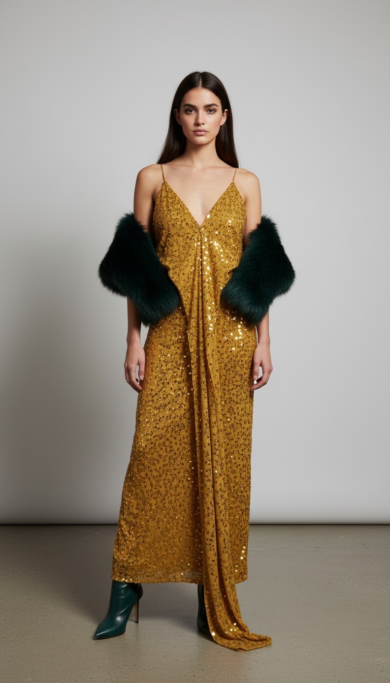 Gold Sequin Maxi Dress V-Neck Slit Y2K Disco Party Gown Sz 00 US 2 UK 30 EU