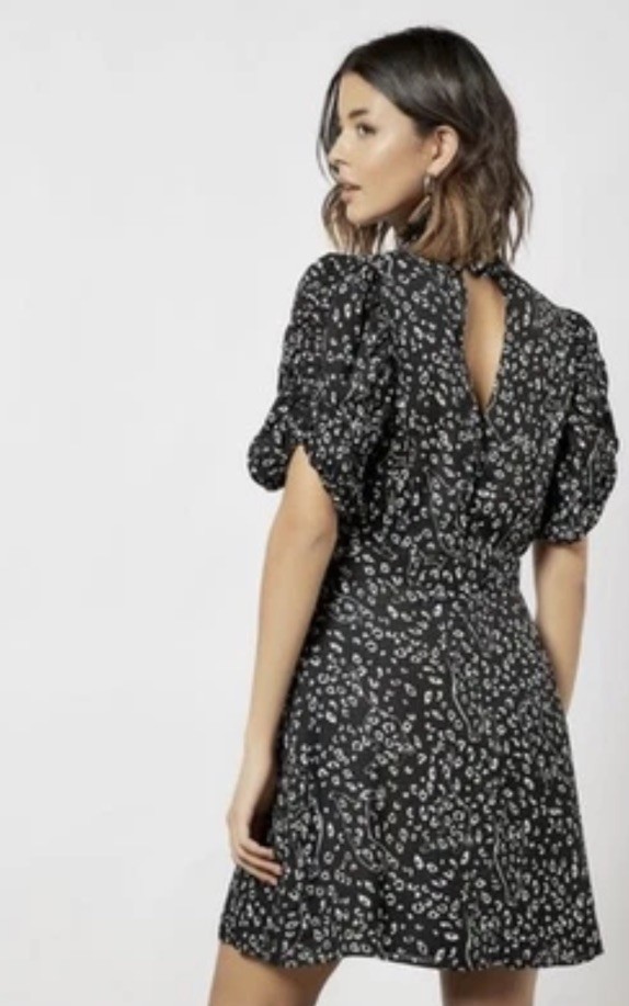 TED BAKER Raayy cat print puff sleeve high neck black white dress 3 12 new r