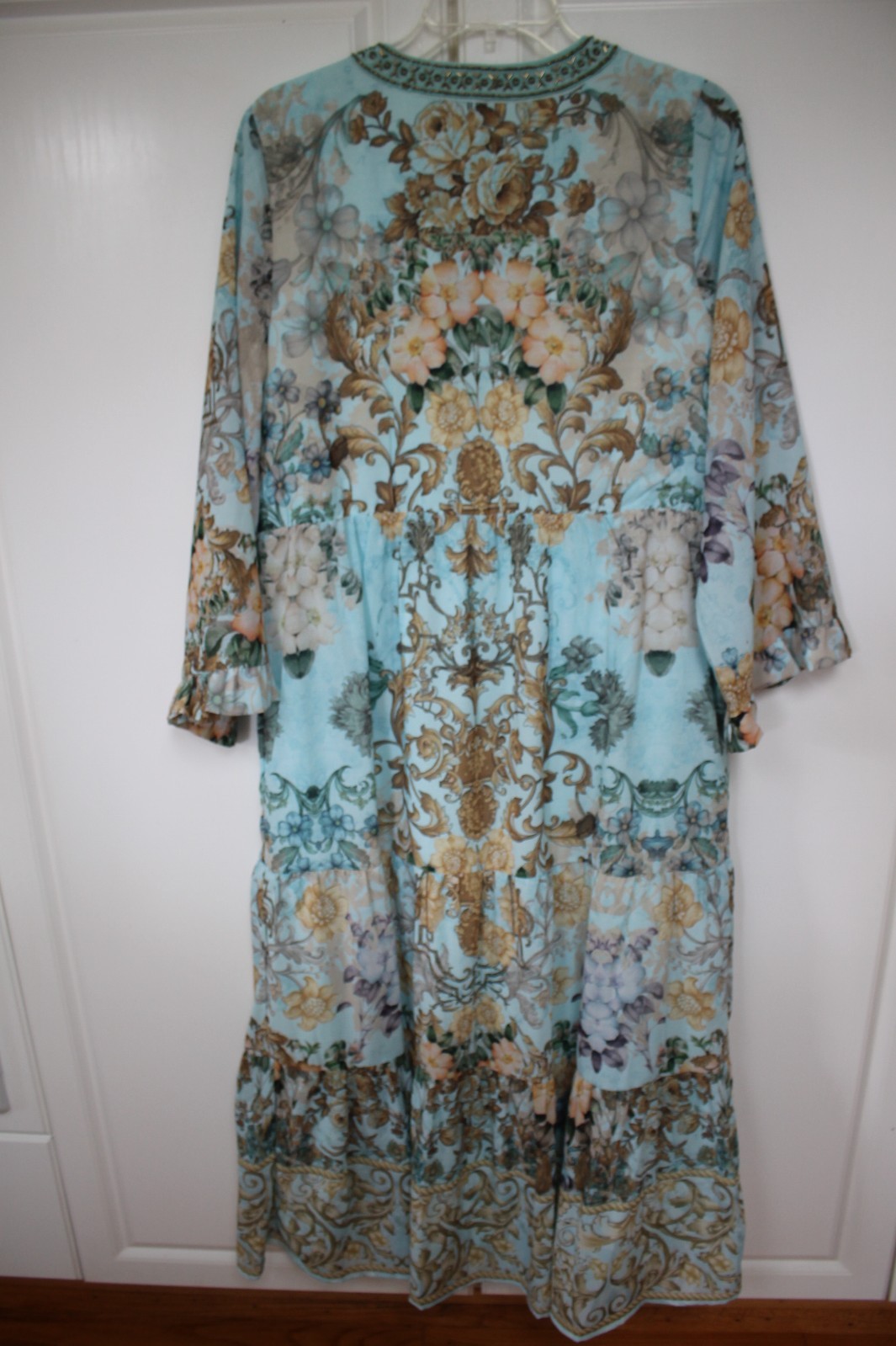 Soft Surroundings Blue Gold Floral Baroque Bead V-Neck Tier Maxi Dress M SUPERB!