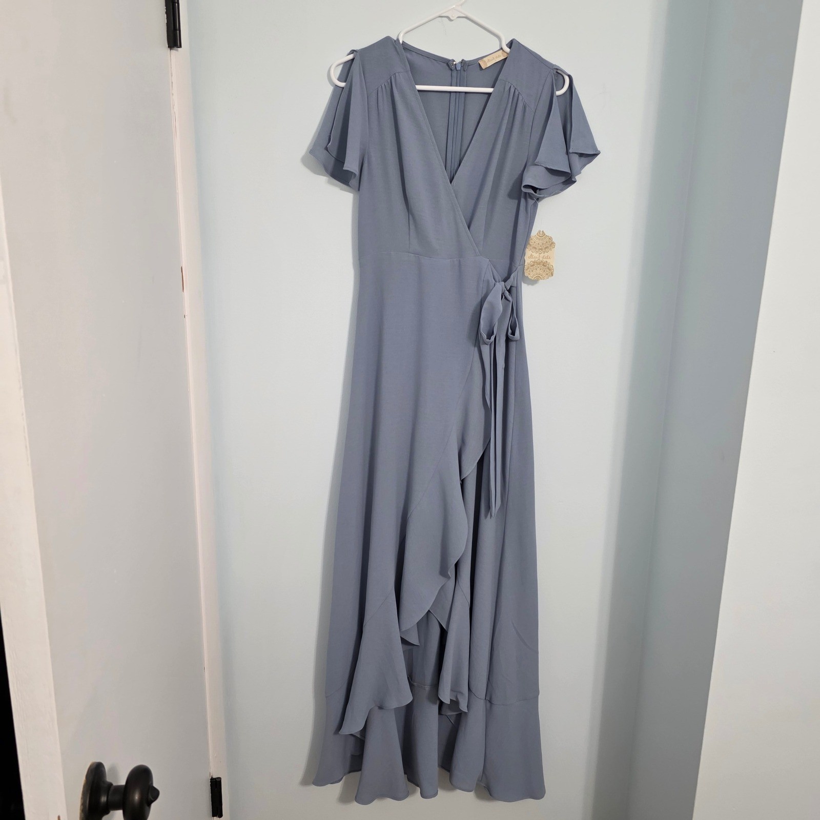 Altar’d State Dusty Blue Wrap Maxi Dress Cold Shoulder Ruffle HA18776-AS21 S