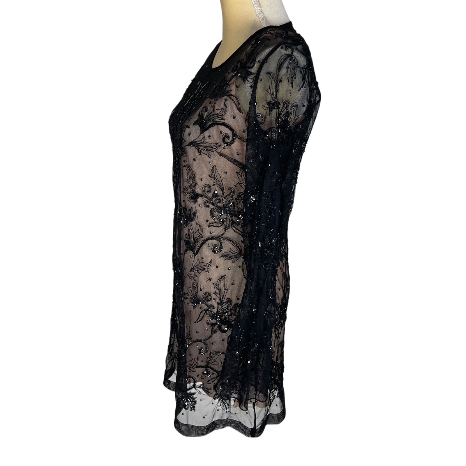 Single LA Black Floral Sequins Long Sleeve Sheer Mini Dress Size M Glam Luxury