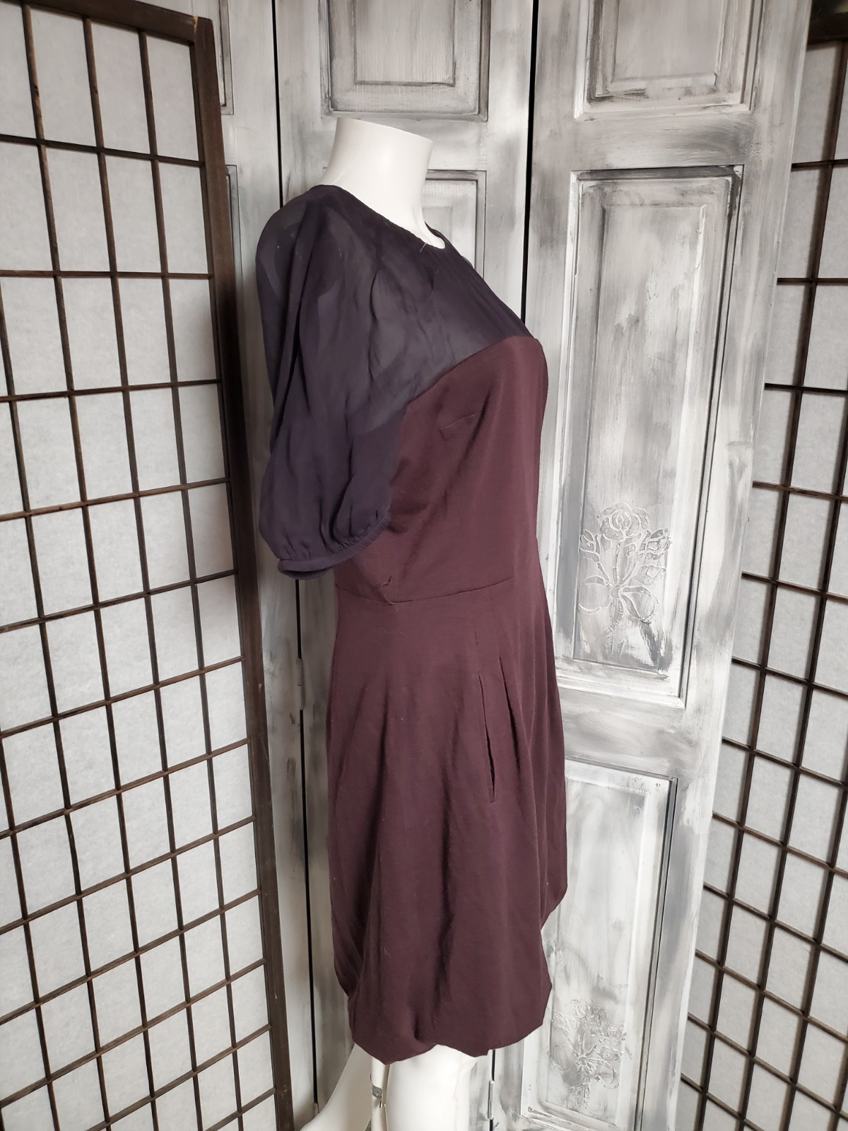 Development by Erica Davies 100% Soft Wool Dark Purple Dress S -M sheer Top