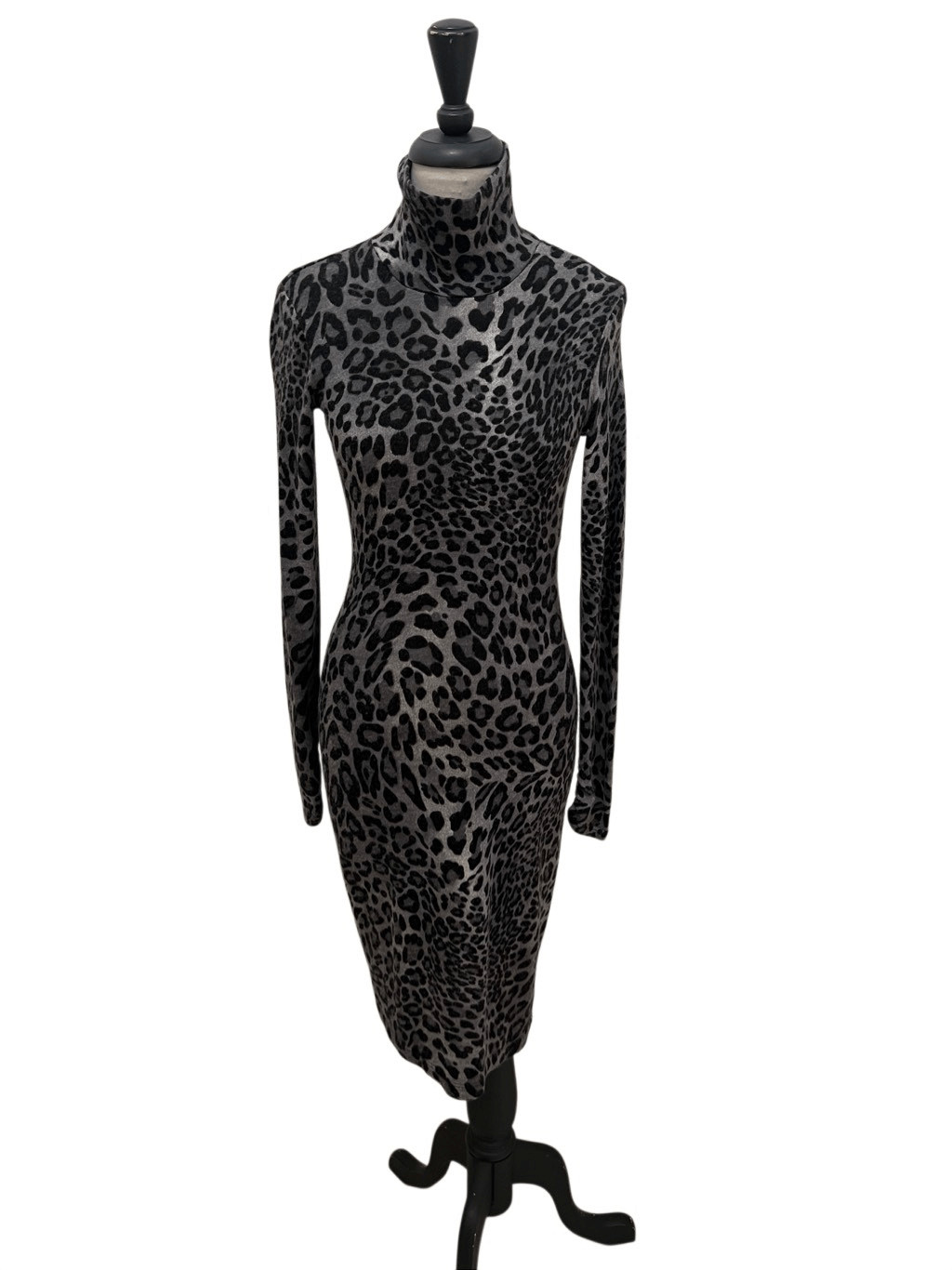 Cache Women’s Leopard Print Turtle Neck Long Sleeve Dress Black Grays Size Small