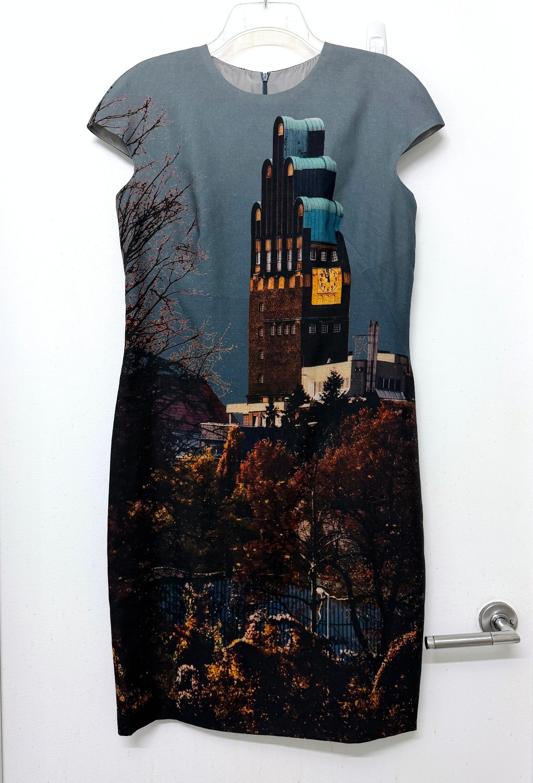 Akris Wedding Tower Building Print Wool Dress Darmstadt Germany Trees Clock 8