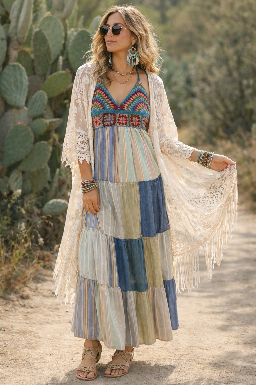 Artisan Boho Crochet Patchwork Maxi Dress Halter Flowy Summer M L NWT