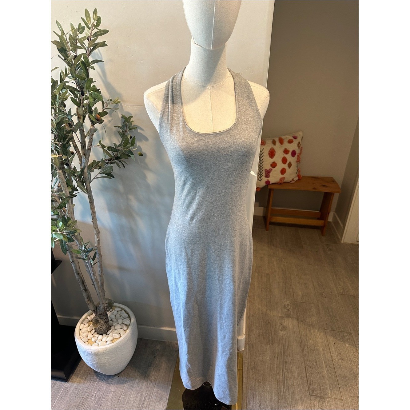 Reformation Bijou Grey Stretch Knit Racerback Midi Dress Minimalist Bodycon New!