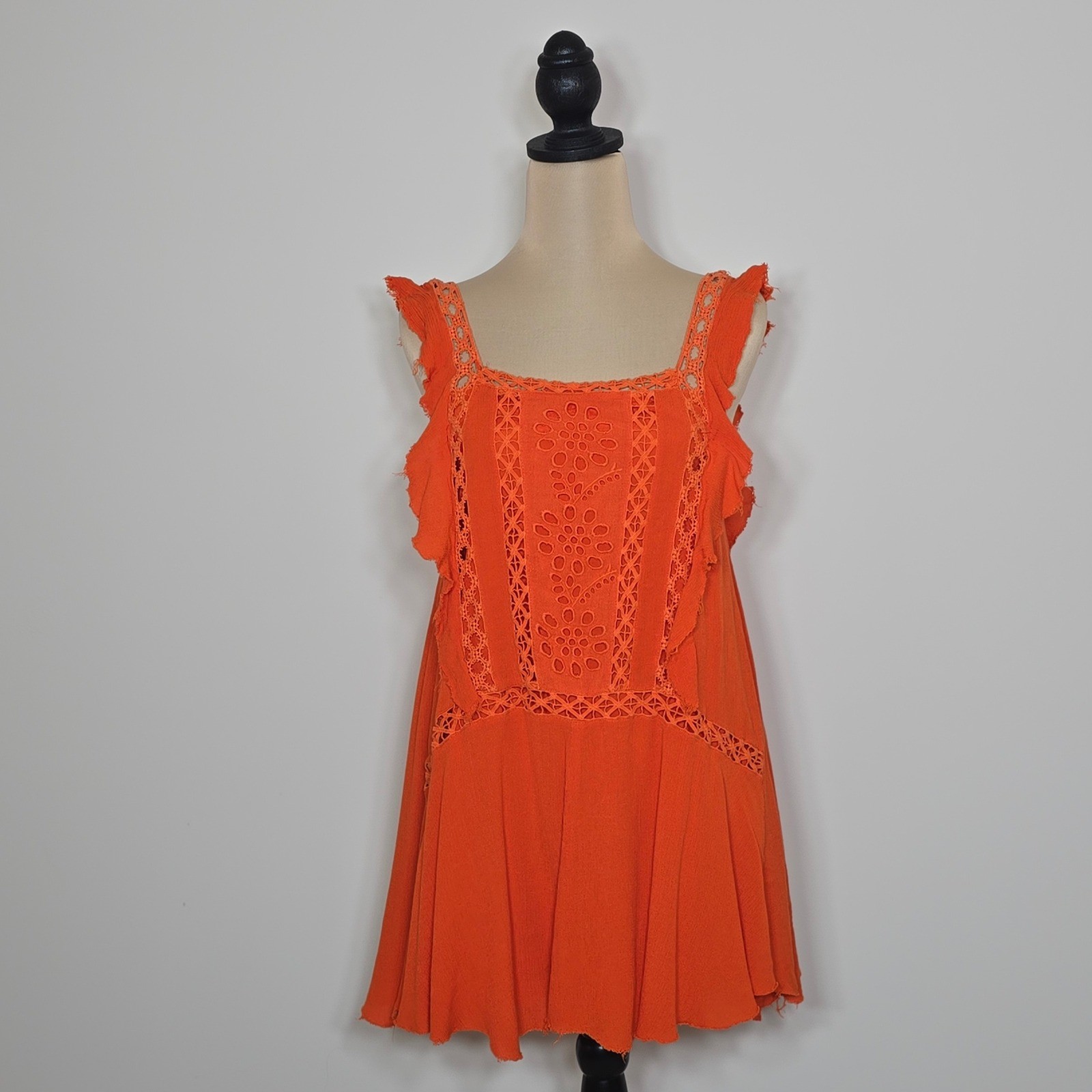 Free People Priscilla Coral Orange Crochet Lace Mini Dress Tunic Boho Festival