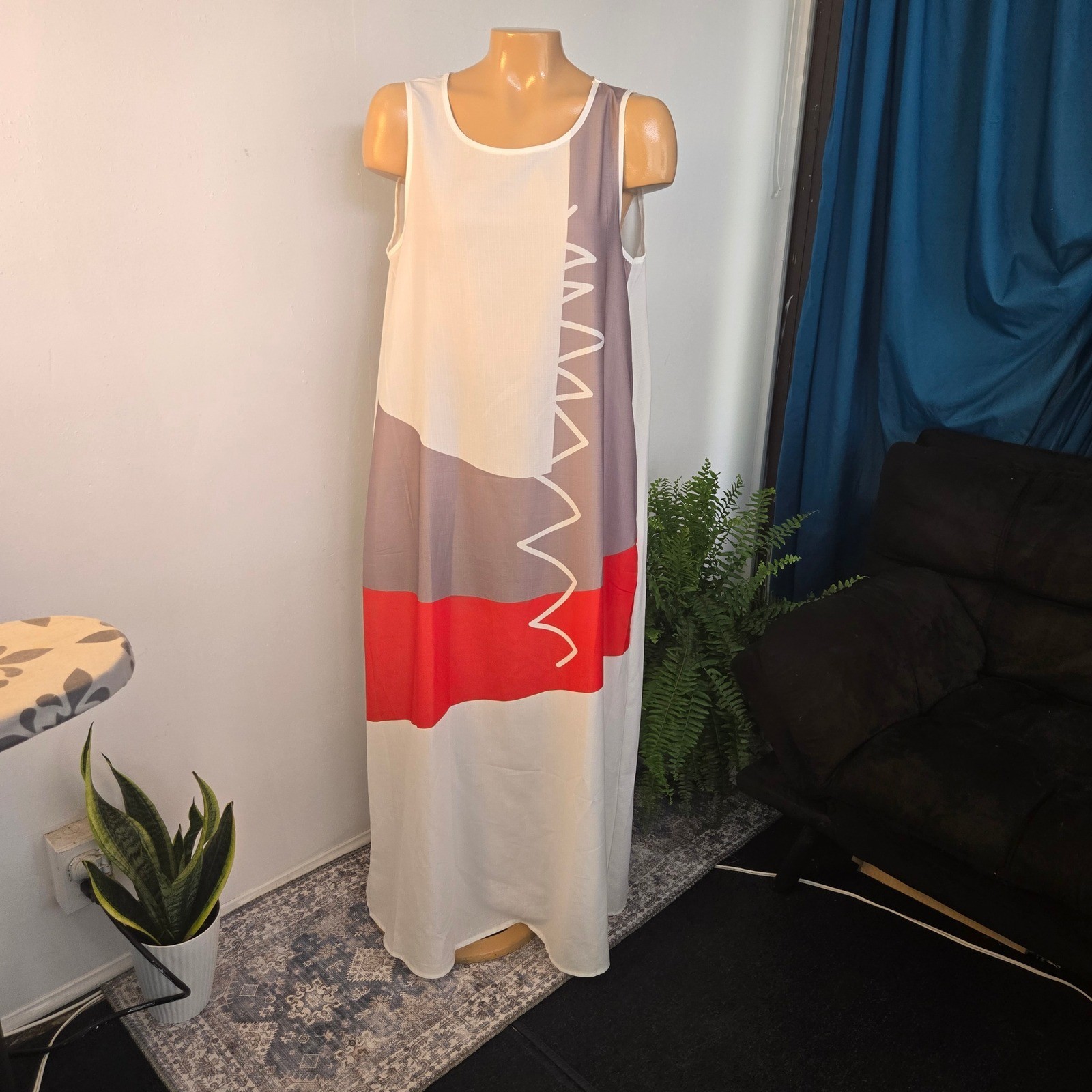 Unbranded Womens Abstract Geometric Maxi Dress XL White Red Colorblock Vacation
