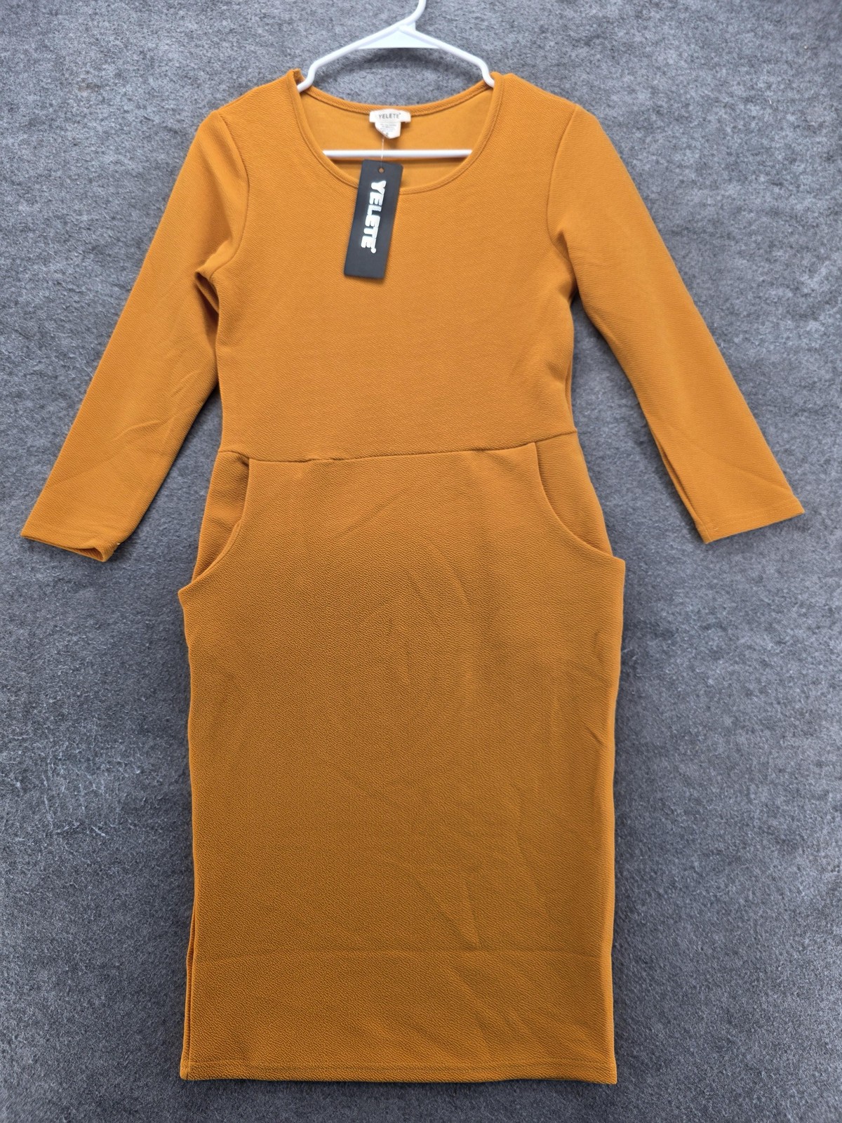 Yelete Dress Womens S Yellow Pencil Sheath Midi 3/4 Sleeve Pockets Knit