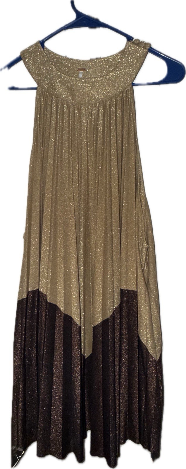 Free People Gold Bronze Pleated Mini Dress LOVE METALLIC Colorblock Small