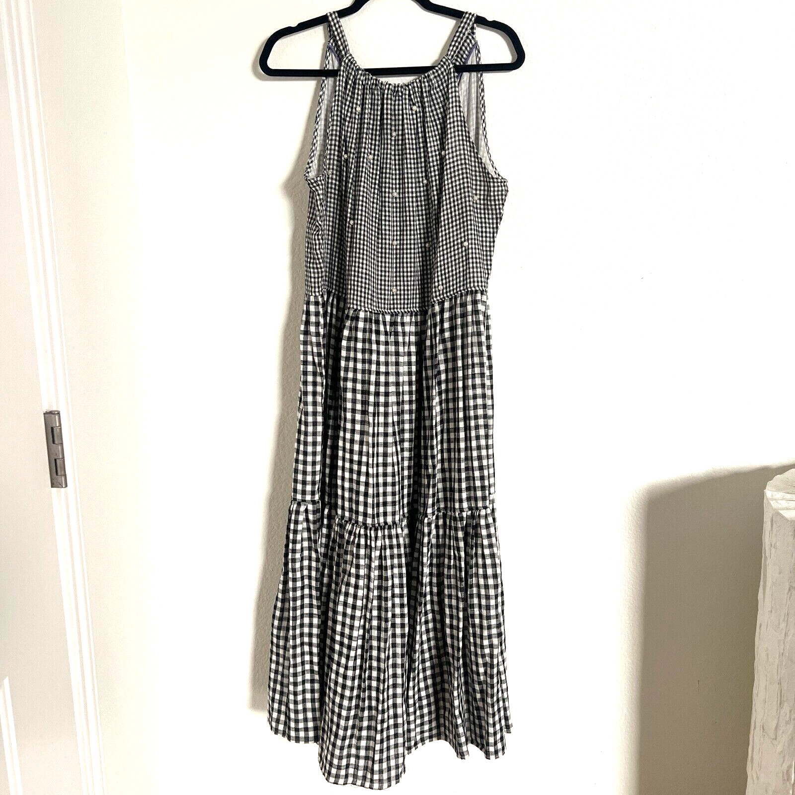 Violet Weekend Sz XL Cotton Gingham Tiered Maxi Dress Pearl Detail Prairie Boho