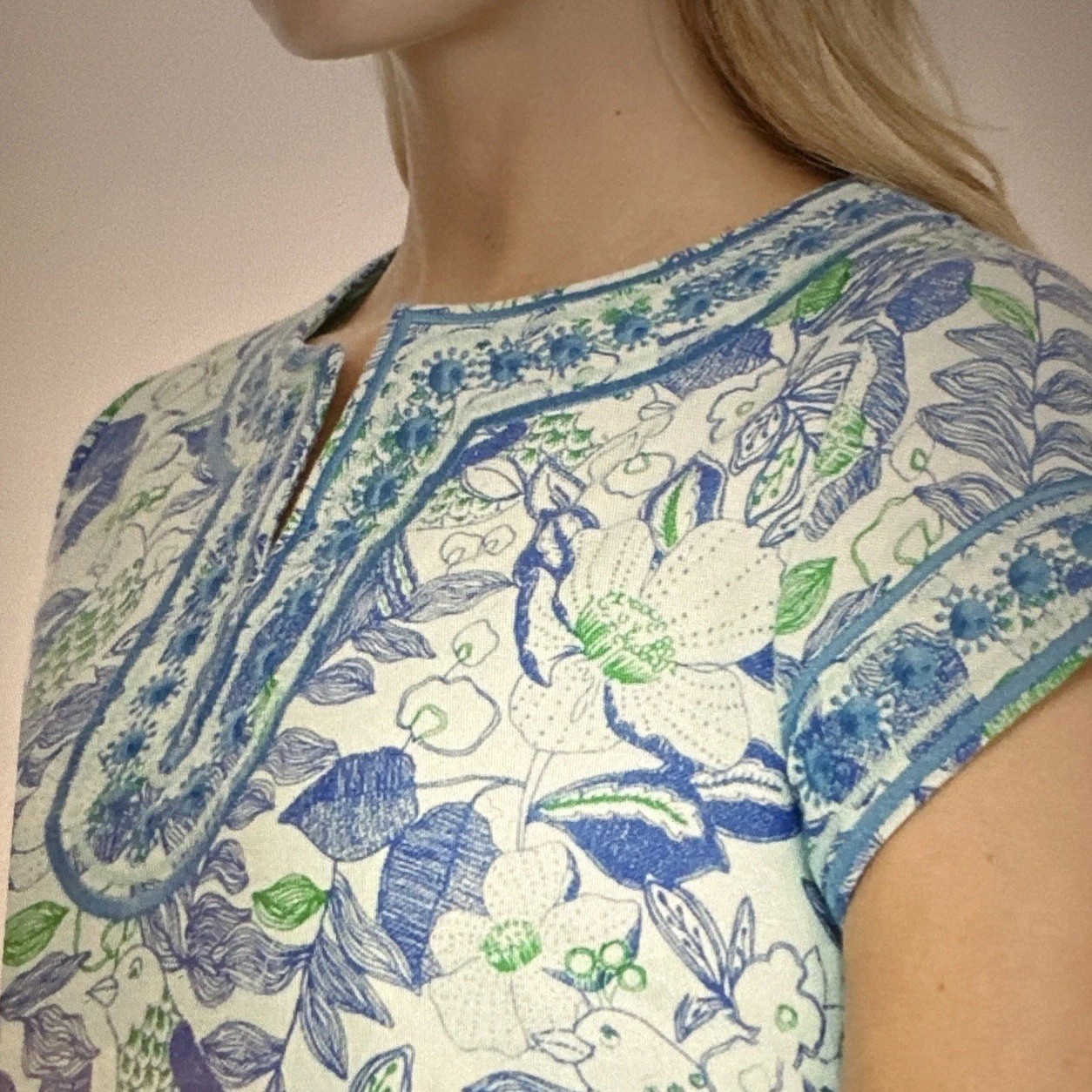 Vineyard Vines Blue Linen Blend Cordia Floral Bird Embroidered Tunic Dress Sz 4
