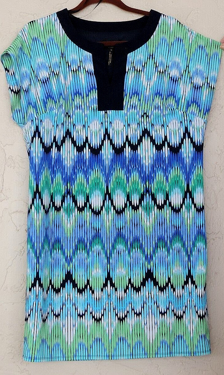Laundry by Shelli Segal Sz M Blue Multicol Liquid Knit Shift Dress Tunic 8 10 12