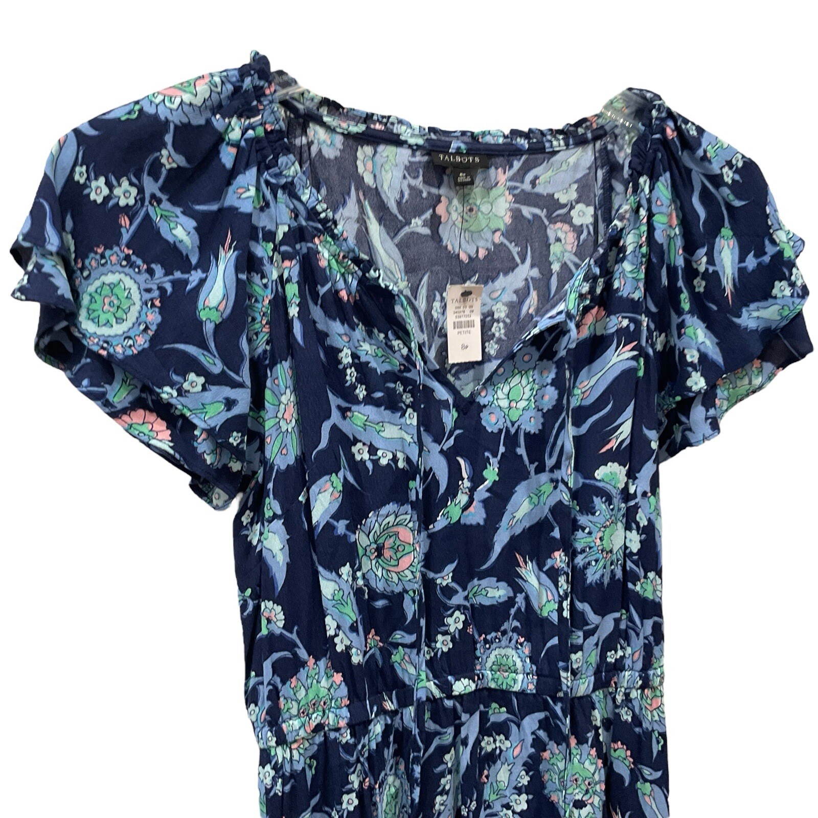 8P NWT TALBOTS Sweet Garden Popover Dress Blue Floral Size 8 P India Ink Petite