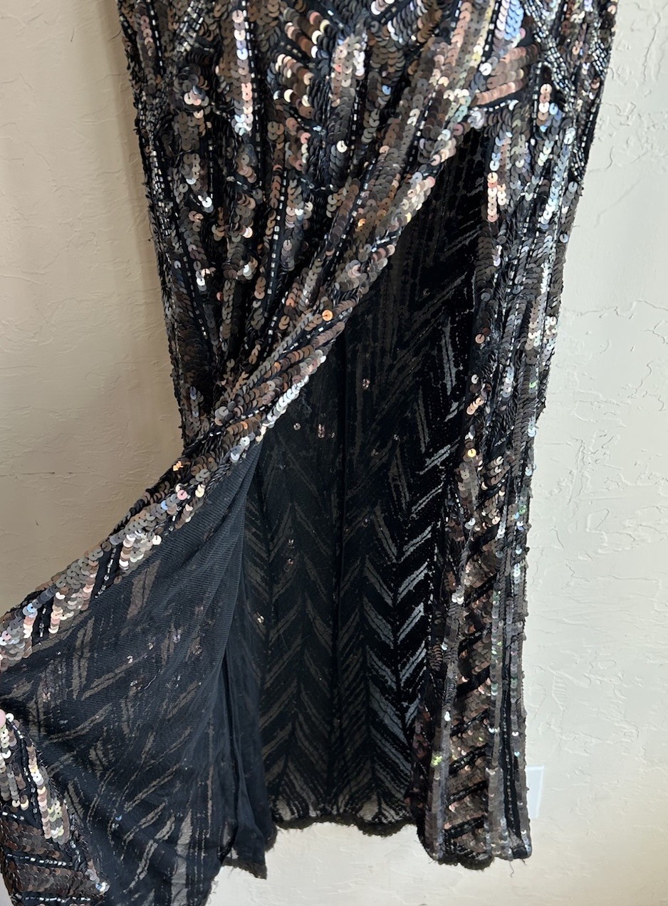 Cassandra Stone Mac Duggal Beaded Sequin Gown 6 Backless Formal Prom Thigh Slit