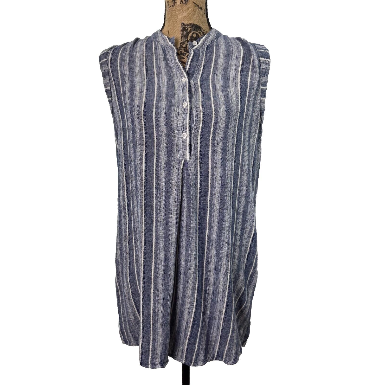 Cloth & Stone Women’s S Blue Stripe Button Up Sleeveless Linen Blend Shift Dress