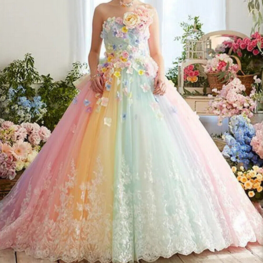 Rainbow Wedding Dresses with 3D Floral Strapless Lace Tulle A Line Bridal Gowns
