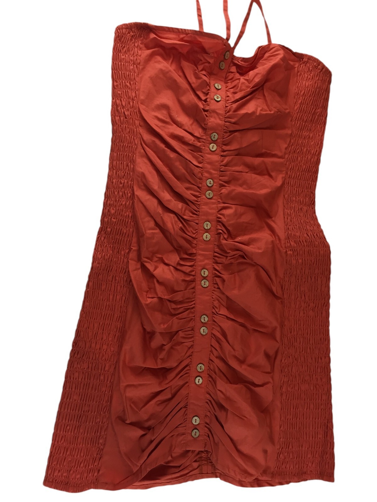 Free People Hold On Mini Dress Red Rust Size L Smocked Ruched Button Front NWT