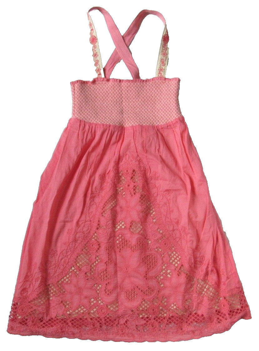 Miss Me Dress Pink Embroidered Crochet Smocked 100% Cotton Tank Sun S Small