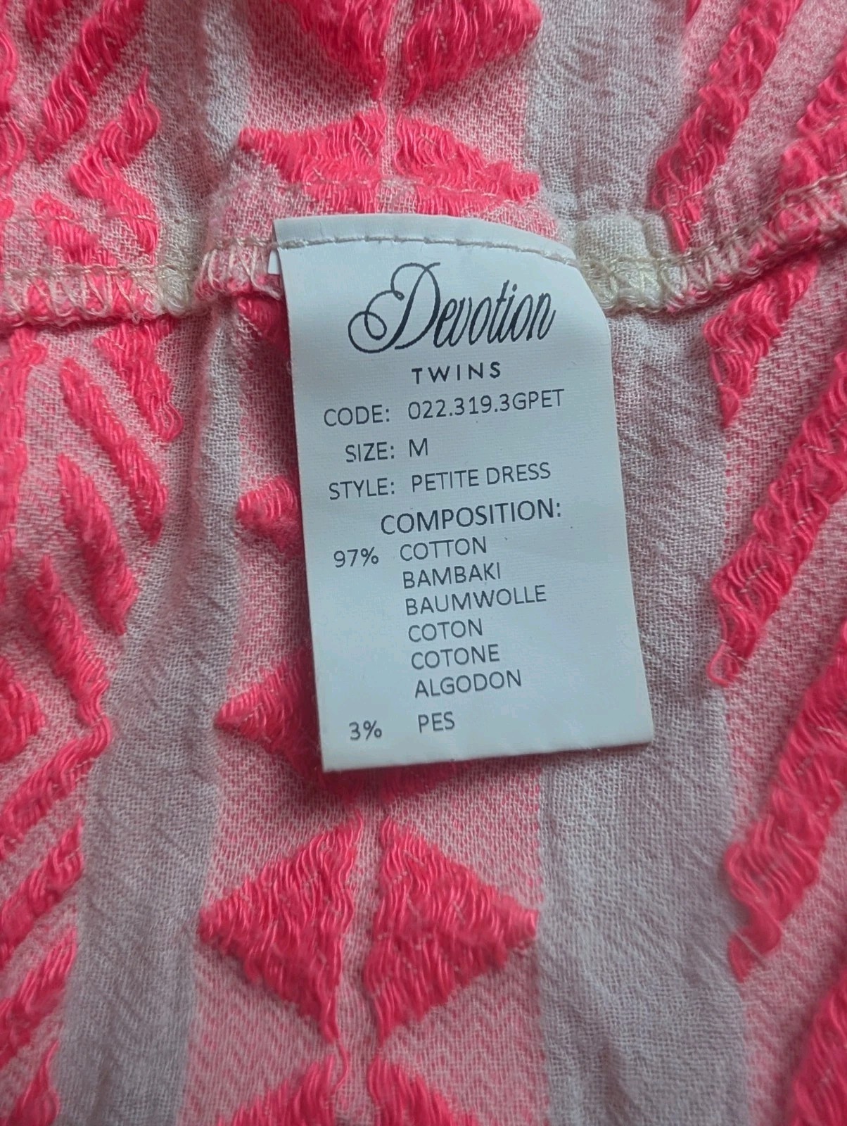 Devotion Twins Neon Pink White Embroidered Boho Tunic Dress Women’s M Greek Mini