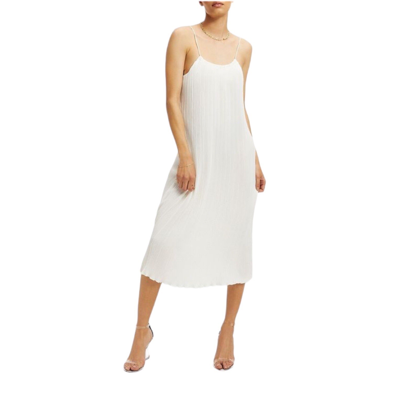 Good American Plisse Slip Dress Ivory Midi S/M Spaghetti Strap Minimal Chic NWT