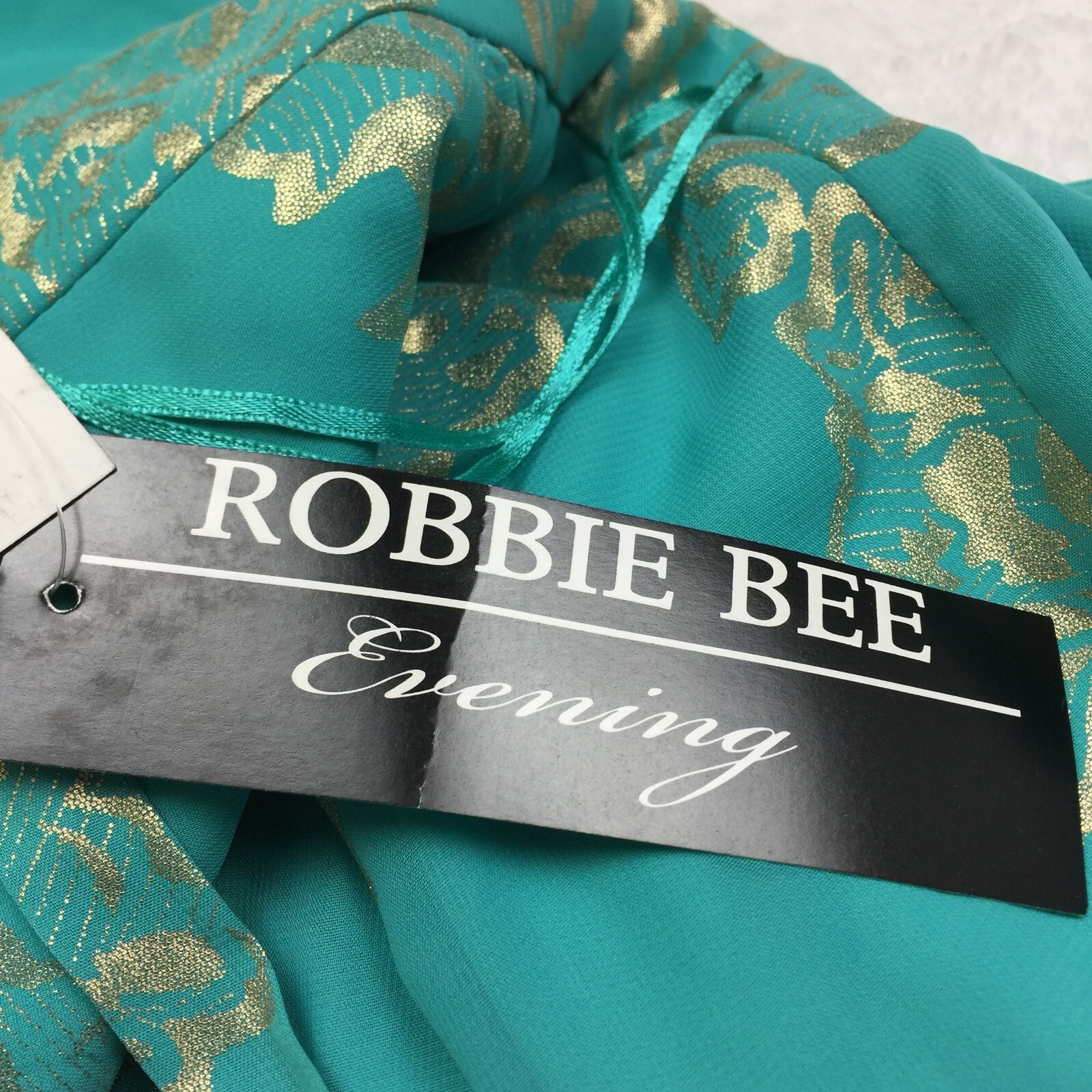 NWT Robbie Bee Evening Cocktail Halter A-Line Dress Sz 14 Woman Blue Gold Floral