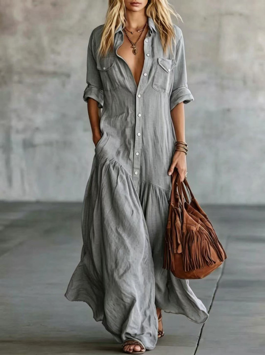 Women Boho Button Down Maxi Dress Loose Flowy Long Shirt Dress Pockets Tunic