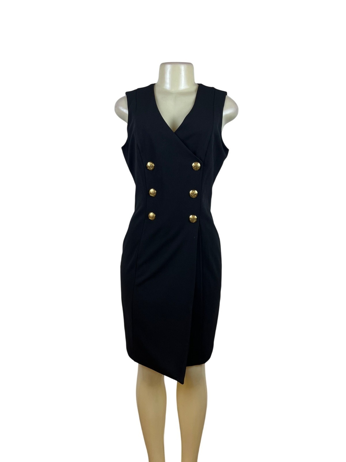White House Black Market Women’s Black Sleeveless Gold Button Dress Sz 10p – New