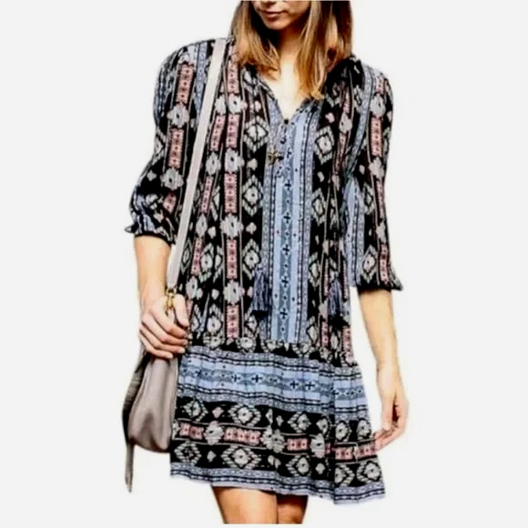 Spring ANTHROPOLOGIE Holding Horses Winter Moon Dress Womens IKAT Blue Boho S