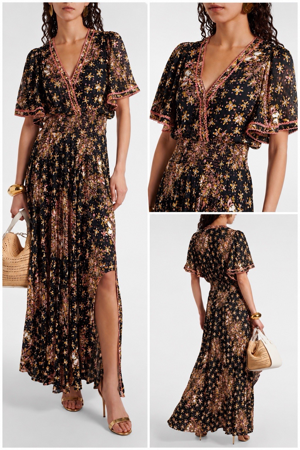 POUPETTE ST BARTH Mabelle Maxi Dress Black Orange Pink Floral Print L