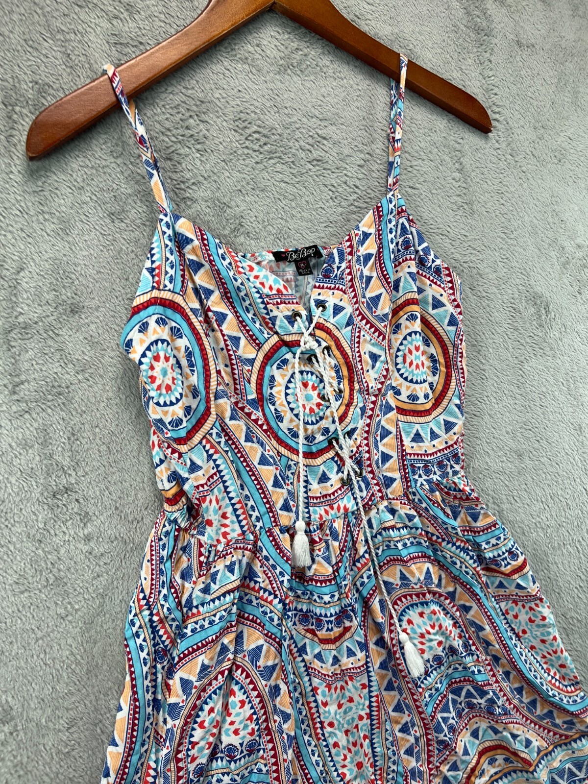 BeBop Boho Slip Dress Juniors Medium Blue Medallion Sleeveless A Line Casual