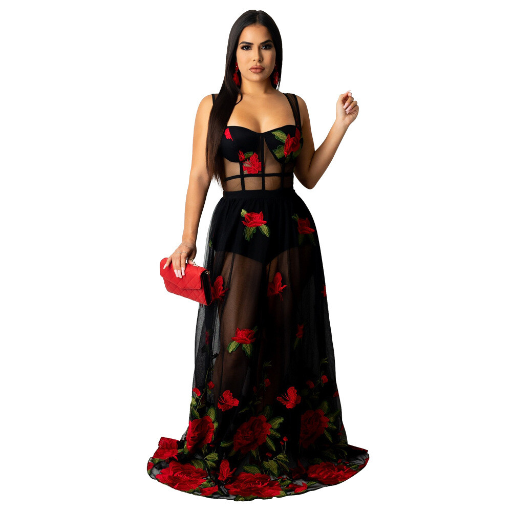 Sexy Women’s Lowcut Sleeveless Mesh See Through Embriodered Cocktail Party Dress
