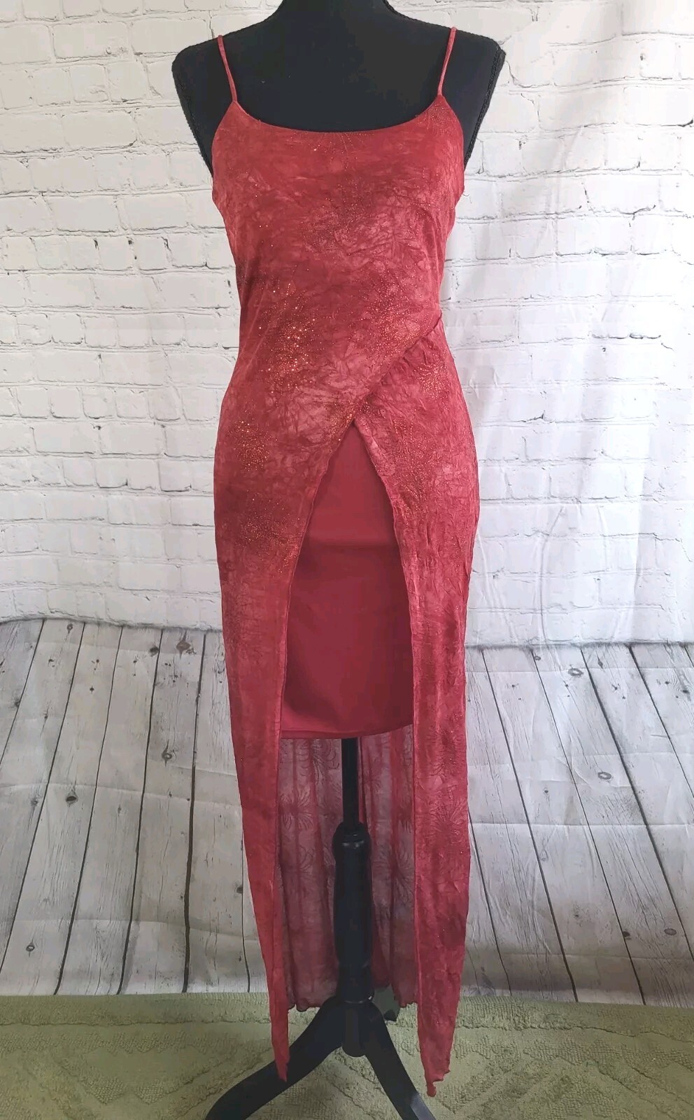 Vtg Y2K Rocket Candy Sparkly Bordeaux Spaghetti Strap Faux Wrap Midi Dress S