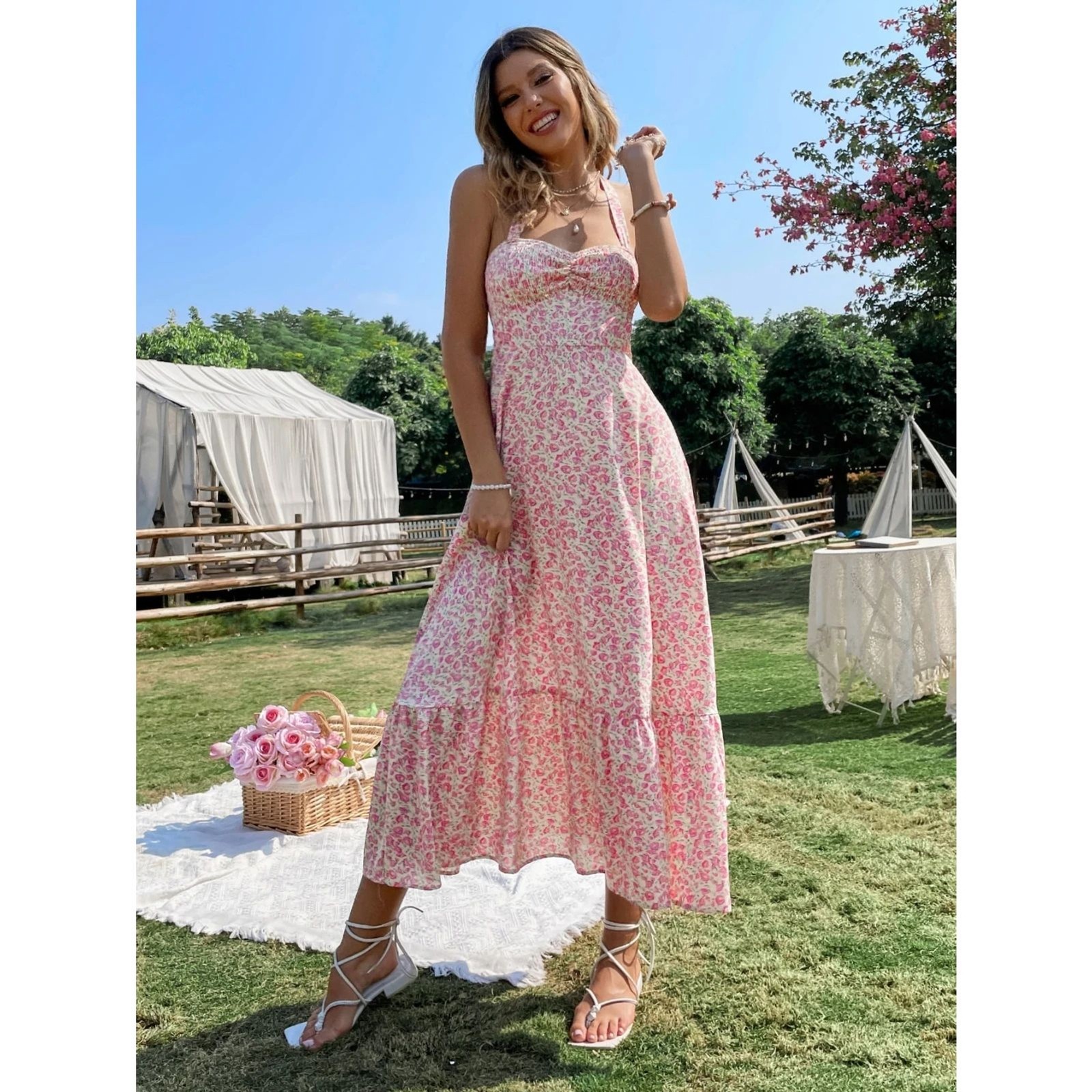 SHEIN Pink Floral Tiered Flowy Sleeveless Halter Maxi Dress Women’s Size S