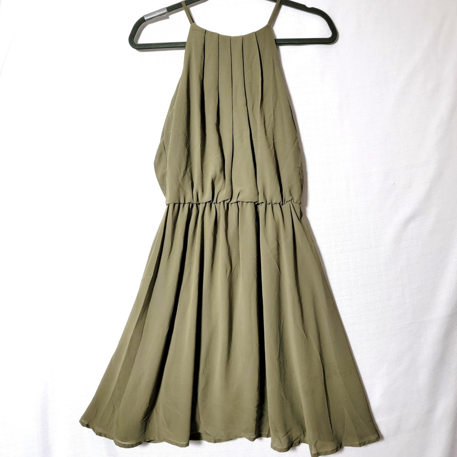 Lush Summer Dress Womens Sz L Sleeveless Pleated Spaghetti Straps Dark Olive