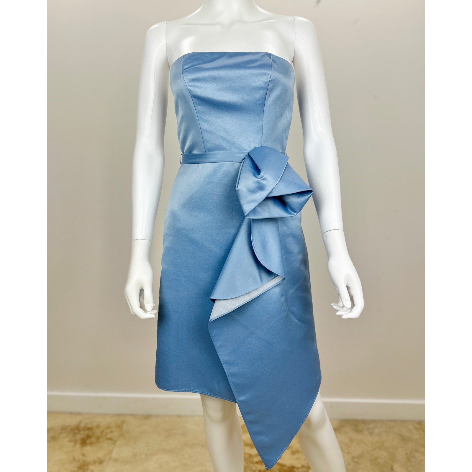 ABS Allen Schwartz Strapless Dress Light Blue Satin Corset Draped Pleated US 2