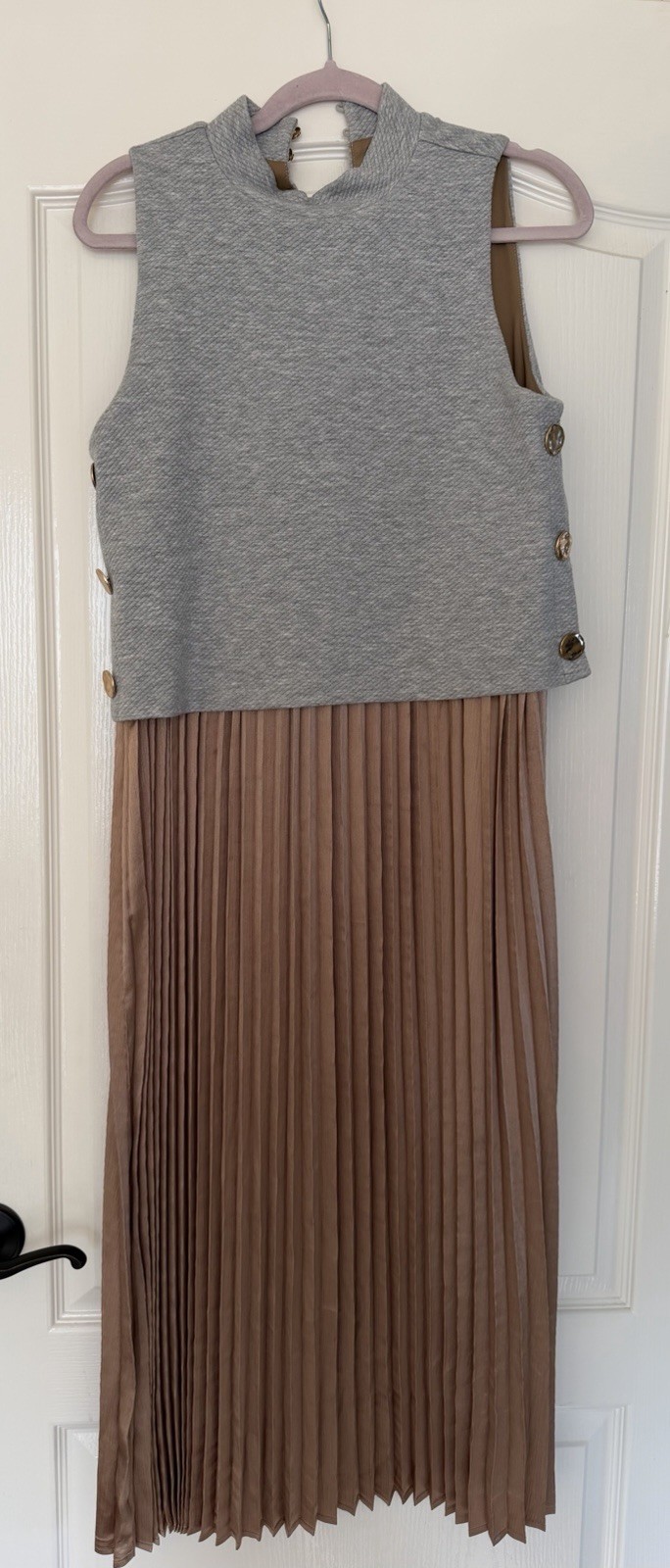 THML Womens S Pleated Midi Dress Gray Tan Sleeveless Mock Neck