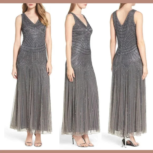 NEW Pisarro Nights Embellished Beaded Mesh Gown Dress Grey [SZ 6 ] #M698
