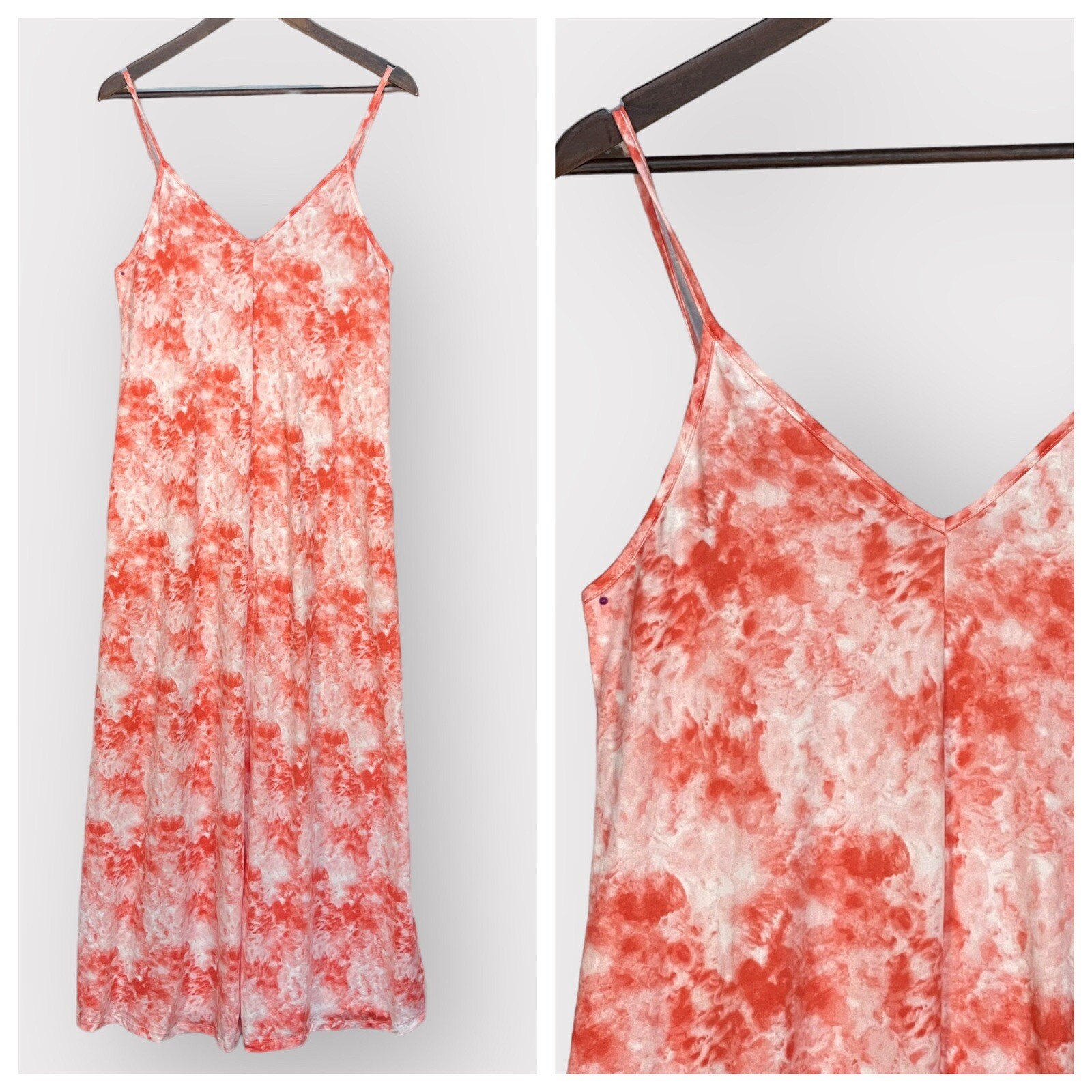 Doubleju Maxi Dress Women Size M Orange Tie-Dye Watercolor Spaghetti Strap 8600