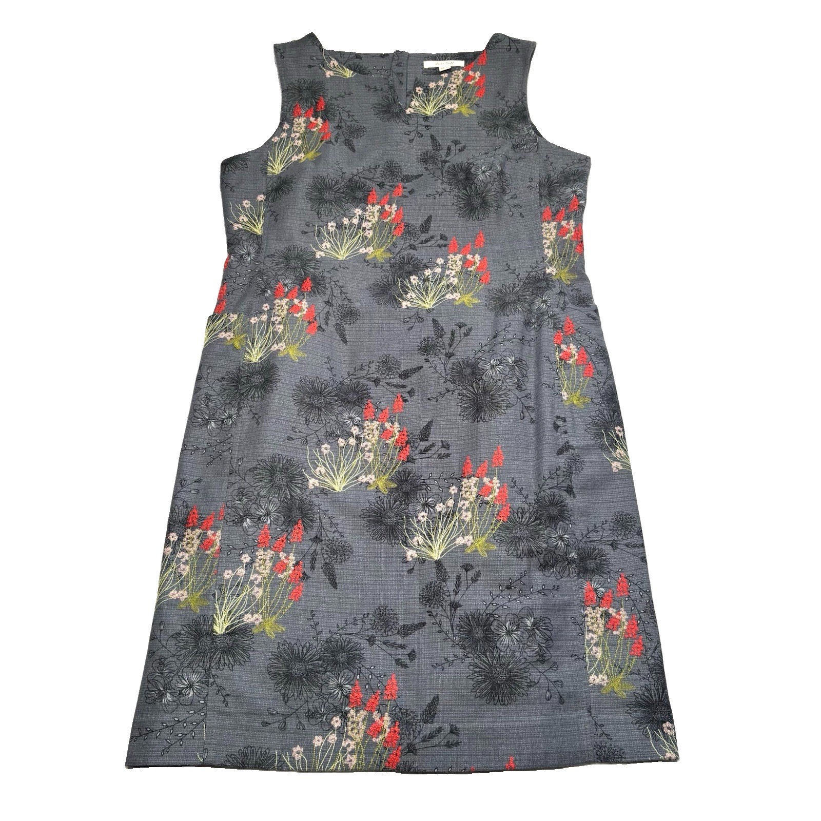 White Stuff Shift Dress Floral Embroidery Size 12 Grey Cotton Pockets