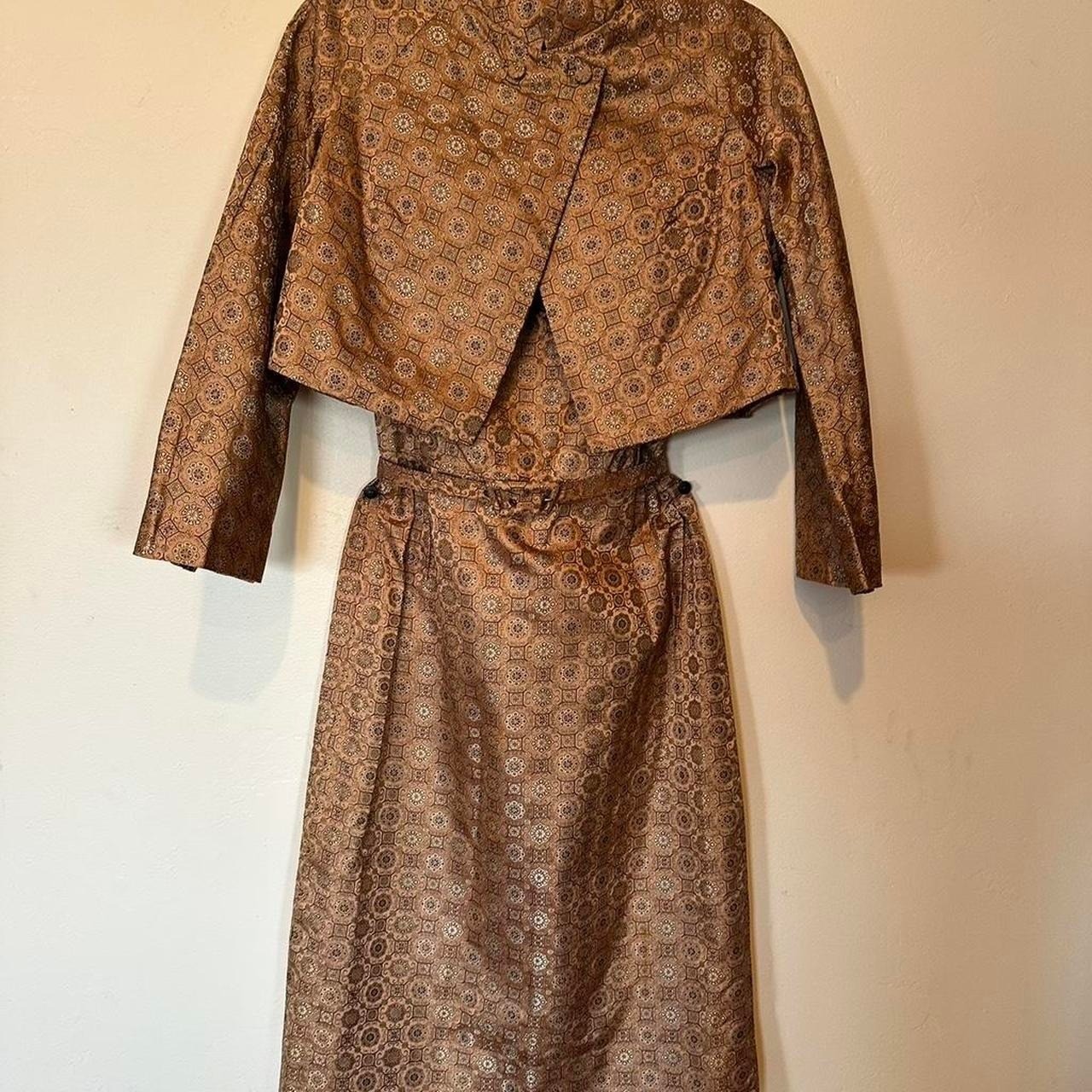 Vintage 50s Brown and tan patterned silk dress with matching bolero jacket